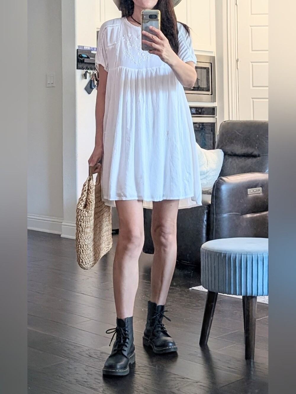 Altar'd State White Embroidered Short Sleeve Babydoll Summer Dress